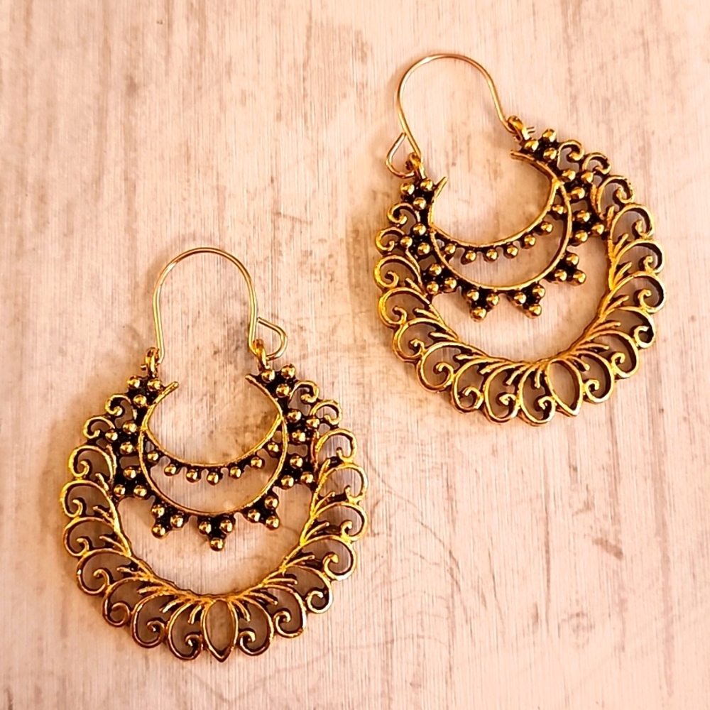 Boho Wind Spiral Tribal Hoops antique Gold Tones